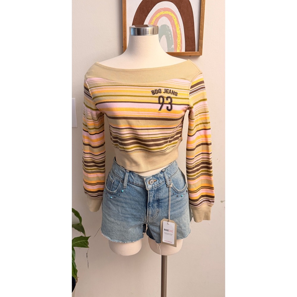 BDG Striped Cropped Sweatshirt Womens XS Tan Pink 93 Graphic Pullover Retro